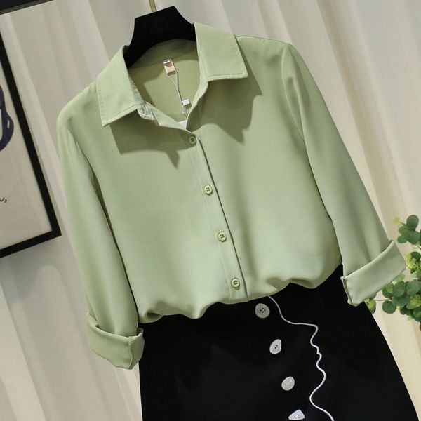 

women's blouses & shirts basic chiffon women casual loose elegant work wear turn down collar solid korean style ladies ol, White