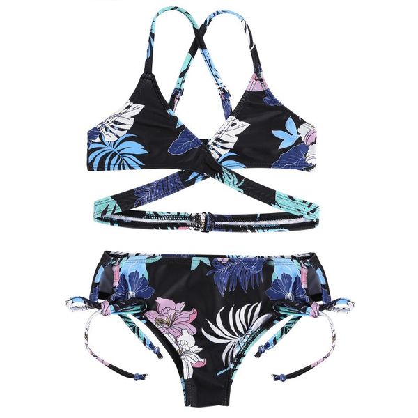 

2pcs kids girls floral print brazilian bikinis set summer beach swimsuits v neck spaghetti straps triangle bra low waist briefs one-pieces, Black