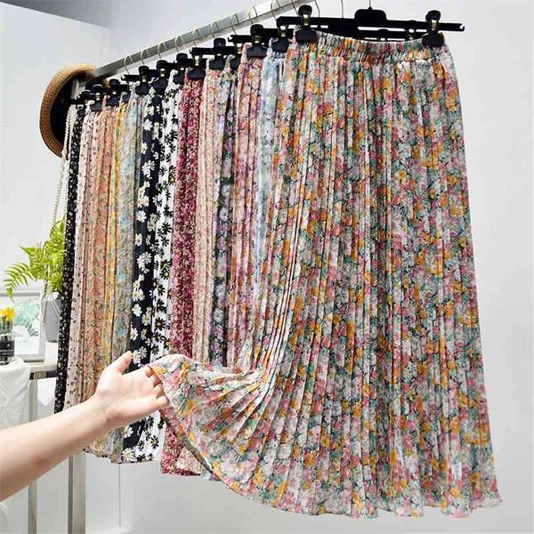 

summer skirts womens new vintage floral print chiffon pleated skirt elastic high waist casual midi skirt women clothes jupe 210325, Black