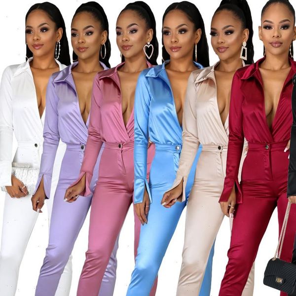 

charming women tracksuits satin outfits arrivals deep v neck bodysuit shirt high waist pants two pieces party clubwear sets, Gray