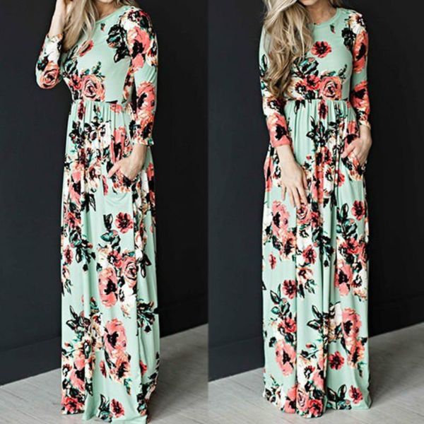 

fashion floral print dress women spring autumn long maxi sleeve causal plus size beach dresses vestidos stretch casual, Black;gray