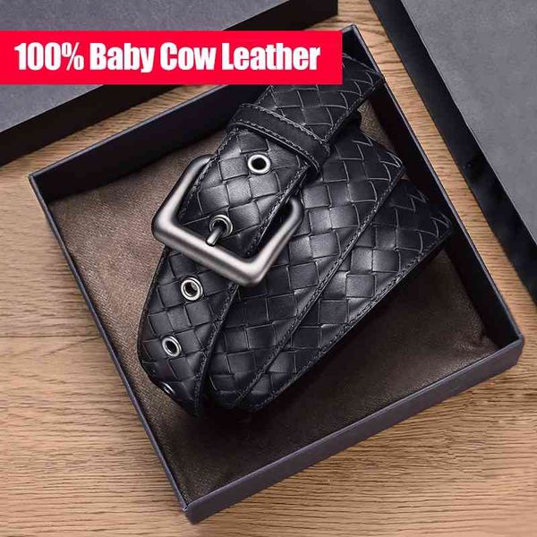 

men's belt 100% baby cow leather woven luxury brand business classic fashion simple high-end alloy buckle 2021 new gift box spot 210310, Black;brown