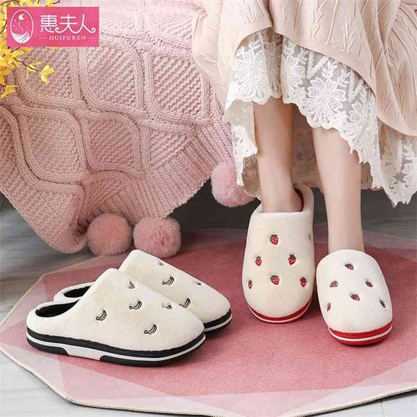 

fashion fruit indoor slippers women warm plush home slipper anti-slip soft lovers winter shoes banana cherry ladies slides sh450 210805, Black