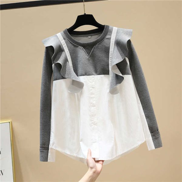 

spring loose pullovers ruffles patchwork space cotton o neck full casual sweatshirt women 210615, Black