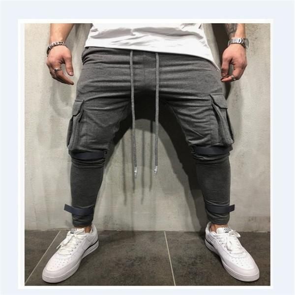 

men's slim fit urban straight leg trousers casual pencil jogger cargo pants men solid fashion male, Black