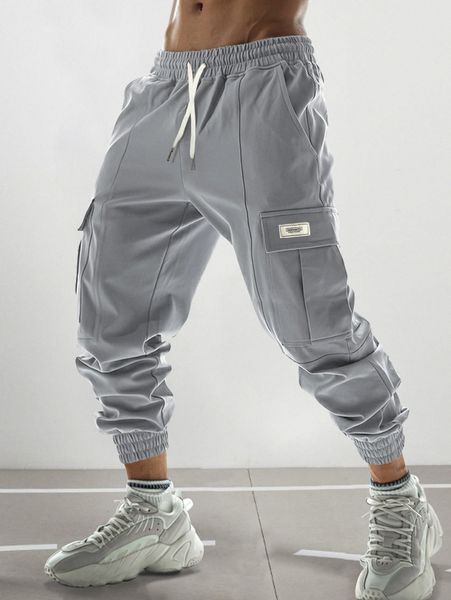 

men letter patched detail flap pocket drawstring waist pants i5hn#, Black