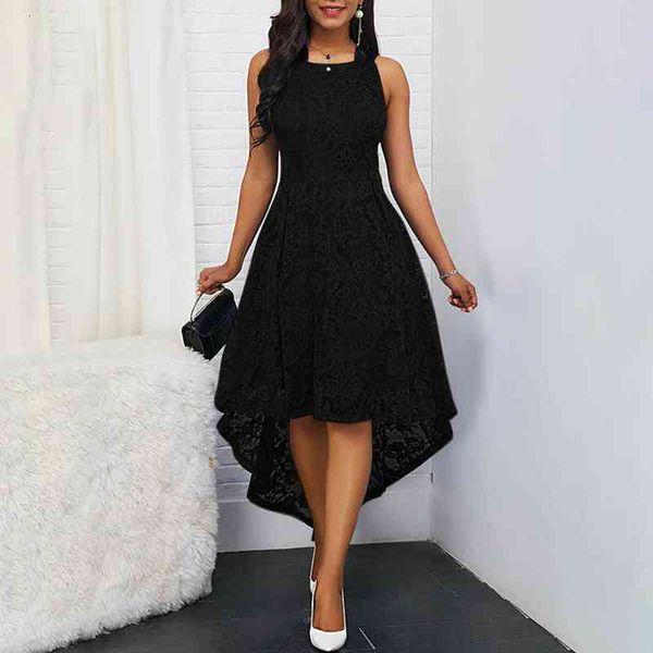 

floral lace women solid color sleeveless irregular hem formal party midi dress womens dresses formal knee length round, Black;gray
