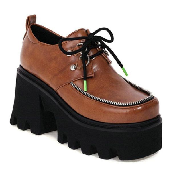 

sianie tianie punk gothic zipper design women's shoes square toe anti-skid thick sole platform chunk heels female pumps derby dress, Black