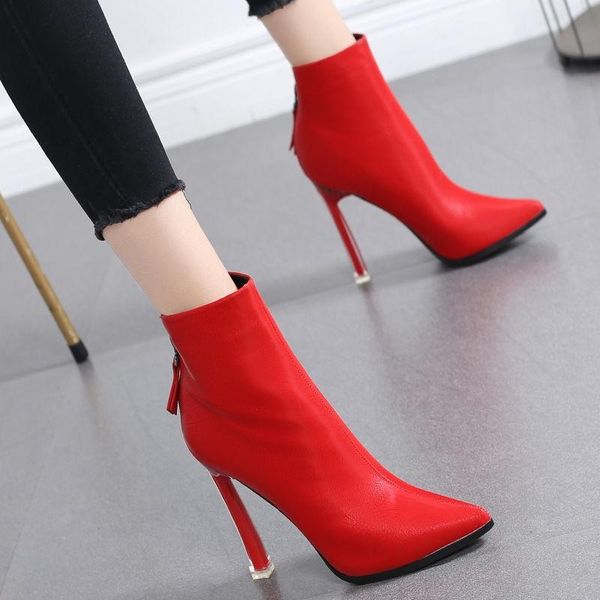 

boots solid color pointed toe high heel shoes women pumps stiletto patent leather ankle super ladies, Black