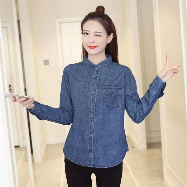 

spring/autumn women pockets design long sleeve blouse single breasted turn-down collar cotton denim casual shirts w190 210512, White