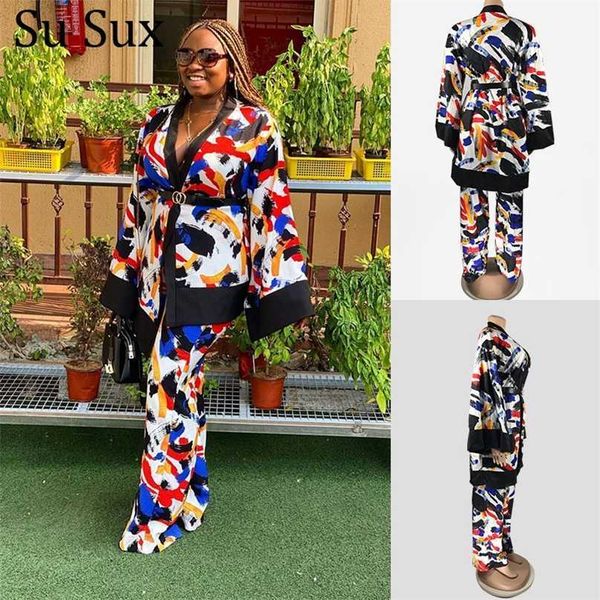 

spring 2 piece set casual tracksuit women flare sleeve patchwork long and pants suit outfits vestidos african 211106, White