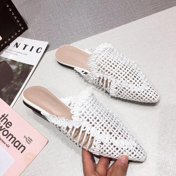 

women's rattan slippers solid color casual hollow shoes slipper women pointed toe flat cane beach 40, Black