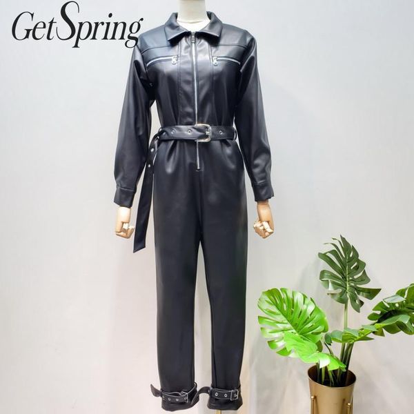 

women's jumpsuits & rompers getspring women jumpsuit pu leather black long sleeve belt womens multiple pockets 2021, Black;white