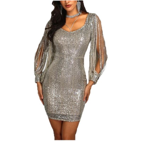 

casual dresses women's sparkle glitzy glam sequin bling tassel long sleeve flapper party club dress ladies hollow out, Black;gray