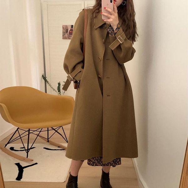 

women's wool & blends 2021 autumn winter thickened woolen coat polyester turndown collar long sleeve solid color belt women coats, Black