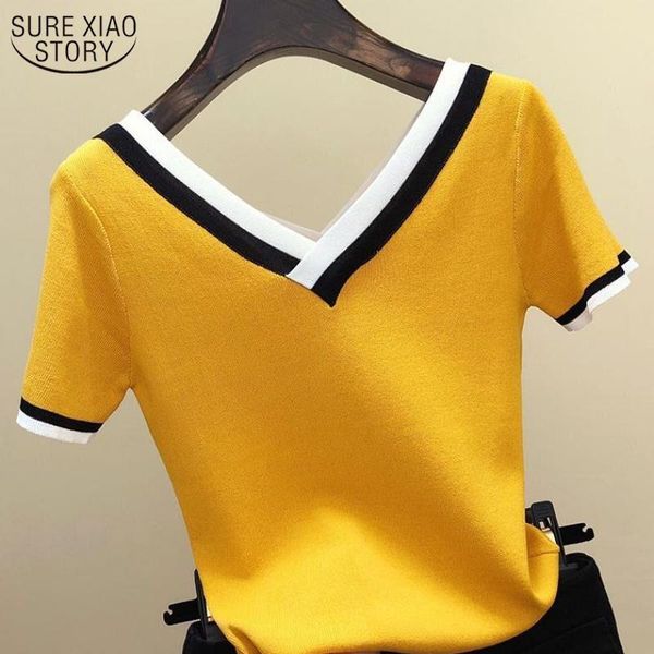 

women's blouses & shirts v-neck short sleeve shirt women contrast color striped knitted 2021 summer woman clothes femme camisetas mujer, White