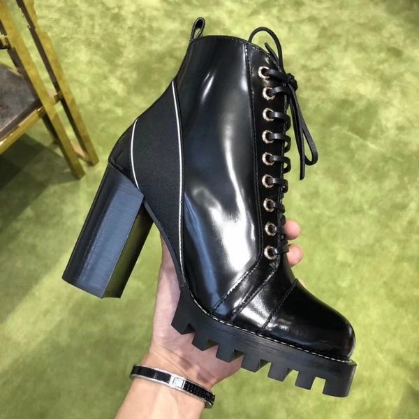 

boots winter botas fashion ankle heel women leather short brand ladies shoes chunky mujer lace up bota feminina, Black