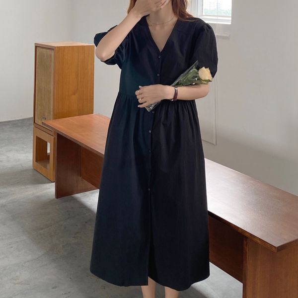 

ewq women blue casual big size long pleated dress v-neck short puff sleeve loose fit fashion spring summer 2f0617 210510, Black;gray