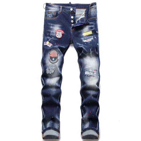 

jeans men's slim fit personalized hole stitching cloth cat beard elastic, Blue