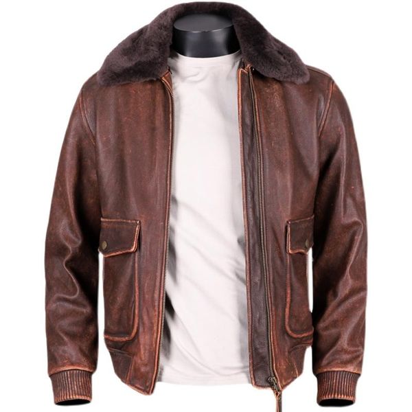 

men's leather & faux 2021 vintage brown aviation jacket men military style plus size 5xl genuine natural cowhide winter warm pilot coat, Black