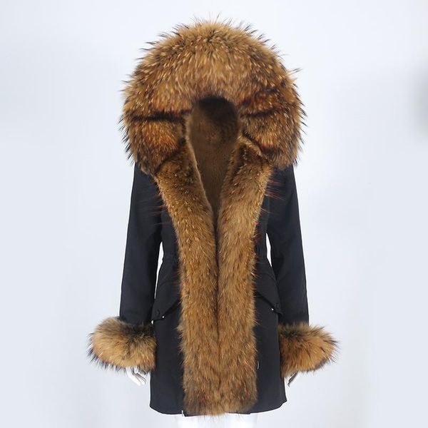 

women's fur & faux oftbuy 2021 waterproof winter jacket women real coat natural raccoon collar hooded long parka big detachable, Black