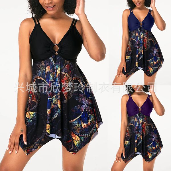 

2021 strap split swimsuit plain skirt color printed bikini, Red;black