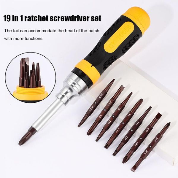 

professional hand tool sets multi-purpose two-way 19 in 1 ratchet screwdriver ergonomic handle extension rod drill bit replaceable toy repai