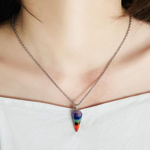 

chains fashion tapered mix color natural stone necklace with stainless steel chain semi precious pendant necklaces for women boho gifts, Silver