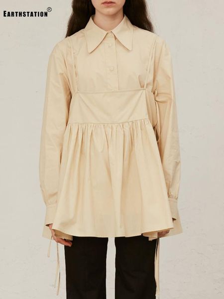 

women's two piece pants solid color lapel loose shirt two-piece suit autumn style + frills drawstring all-match sling fashion, White