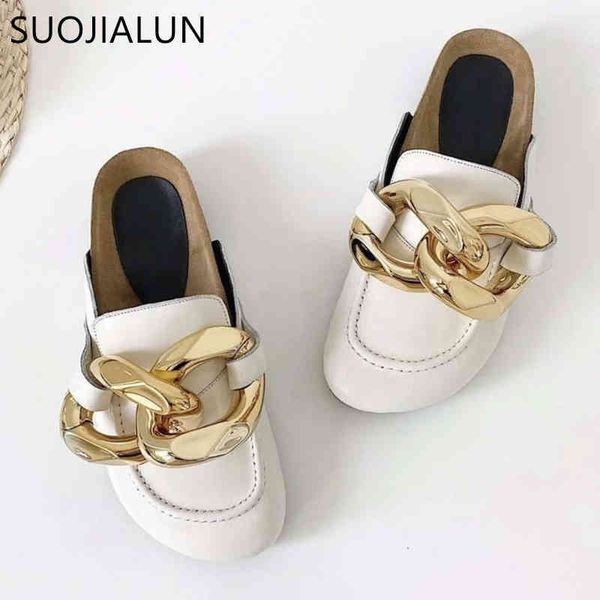 

70% off wholesale flip-flops suojialun design women slipper fashion big gold chain sandals shoes round toe slip on mules flat heel casual sl, Black