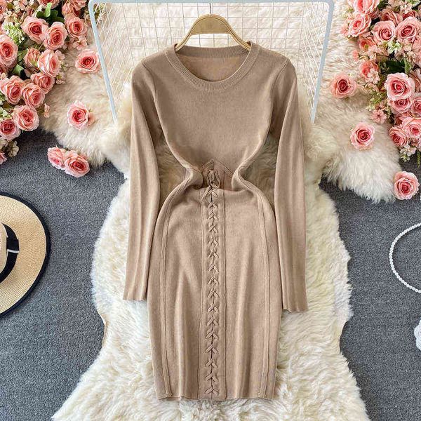 

autumn elegant o neck waist slim long-sleeved dress with straps waist bottoming stretch-wrapped hip knitted tight-fitting dress y1204, Black;gray