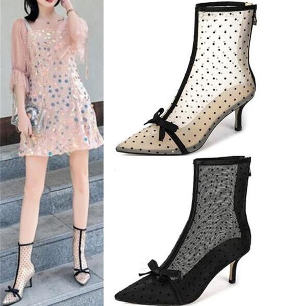 

boots black dot girls transparent nude crochet seven in stiletto heels pointed to bow ties short boots fashion low-heel lady a9n2