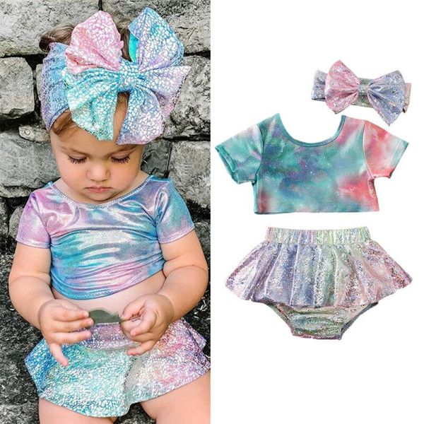 

clothing sets 0-4y kid baby girl three piece bikini set print bow swimwear swimsuit beachwear bathing suit, White