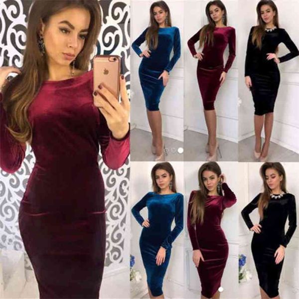 Frauen Kleid Weibliche Verkauf Mode Langarm Hohe Taille Backless Abend Party Samt Verband Bodycon Herbst Bleistift Kleidung 210522