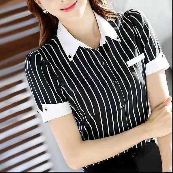 

spring summer style chiffon elegant womens shirt short sleeve turn down collar button striped korean sp242, White