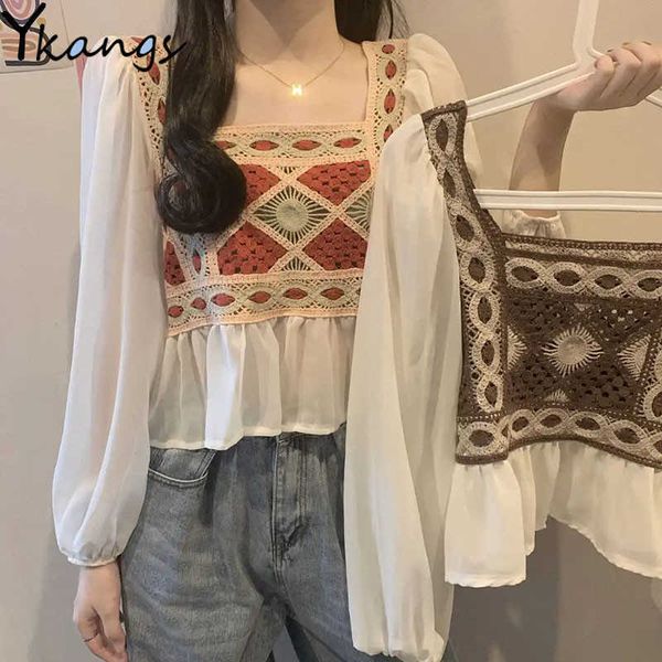 

french square collar stitching hollow chiffon shirt lace long-sleeved short women korean summer knitting embroidery blouse 210619, White