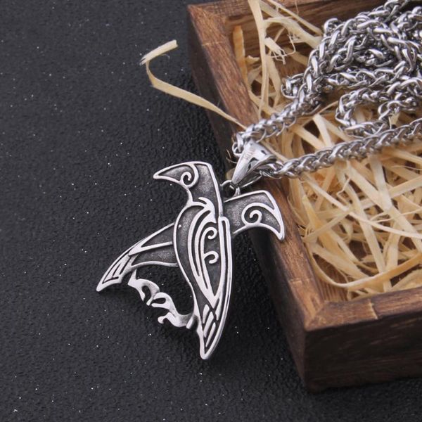 

pendant necklaces nordic mythology odin huginn and muninn necklace viking raven stainless steel never fade with wooden box, Silver