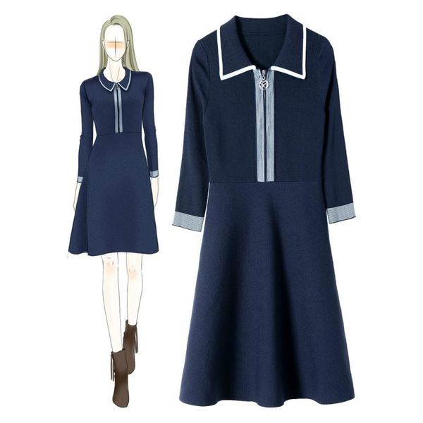 

casual dresses big size elegant dress women turn-down collar zipper knitted swing winter a line sukienki, Black;gray