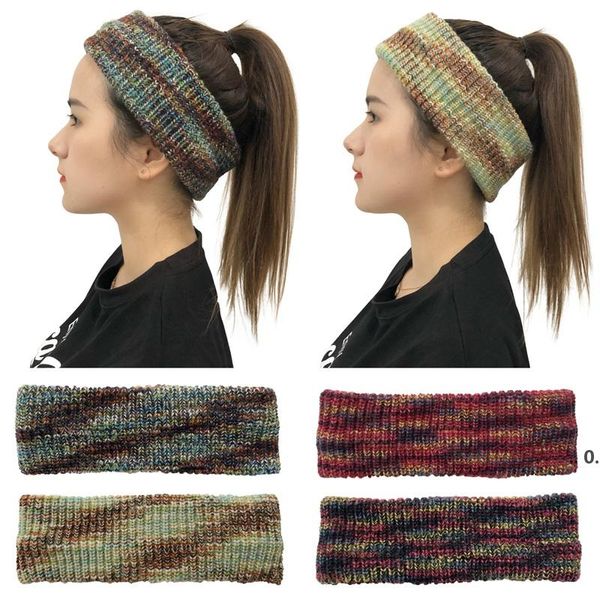 

ladies autumn winter mohair ponytail color tie-dye hairband empty ear protection forehead warm knitted woolen hat rrb11746, Blue;gray