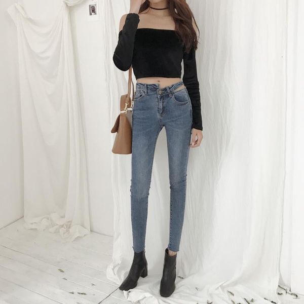 

hollowed waist cotton elastic women jeans women's, Blue