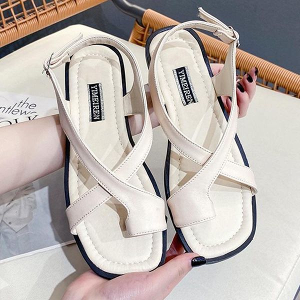 

sandals woman 2021 open toe square head buckle leather sandal fashion casual designers flat summer shoe for women, Black