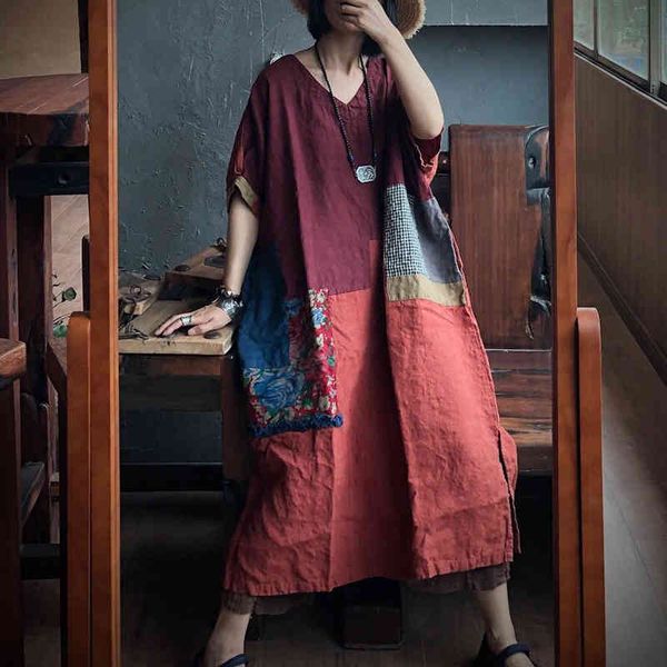 

johnature autumn patchwork print loose linen dress vintage v-neck half sleeve women retro casual dress 210521, Black;gray