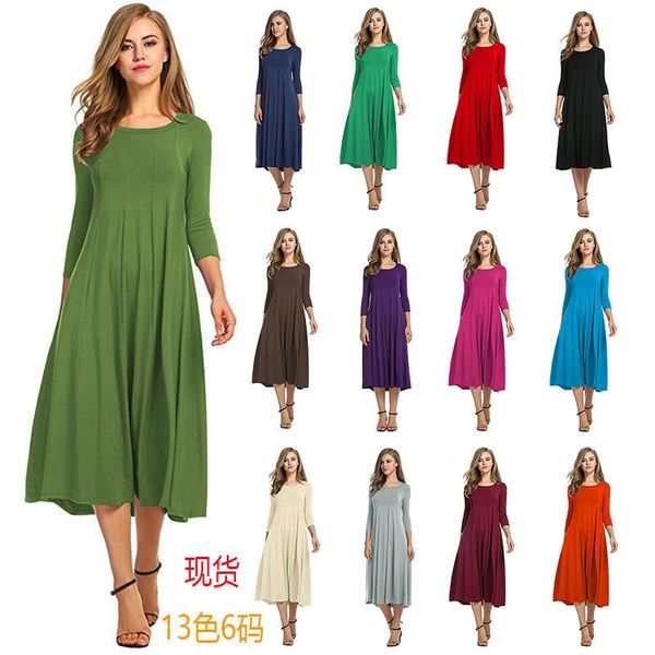 

casual dresses round neck shirt with half sleeve solid color wide hem dress, Black;gray