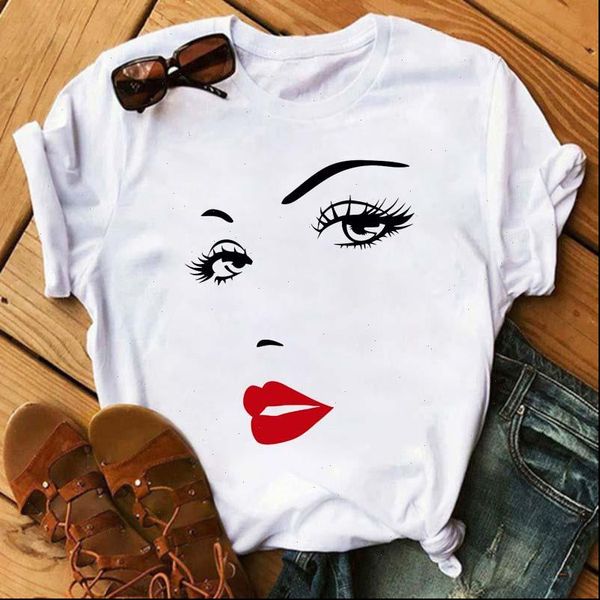 

womens cute eye lashes red lips print women t shirt summer casual short sleeve o neck fashion ladies, White