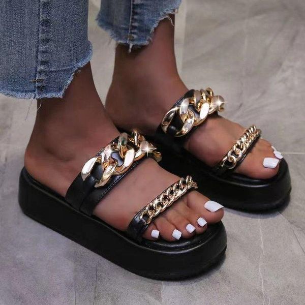 

sandals pink thick soled wedge heel comfy women's 2021 summer fashion gold chain decoration open toe roman female shoes 36-43, Black