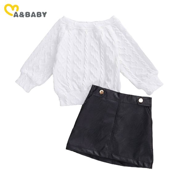 2-7Y Bambino Del Capretto Delle Ragazze Vestiti Set Maglioni Bianchi Top Nero Pu Pelle Gonne Abiti Autunno Inverno Per Bambini Set 210515