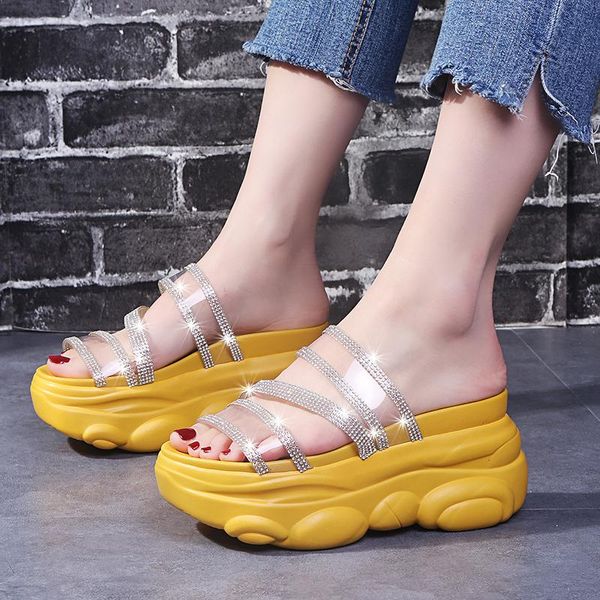 

dress shoes lucyever crystal straps wedges heels slides women chunky platform pvc rhinestones sandals summer yellow woman 2021 slipper, Black