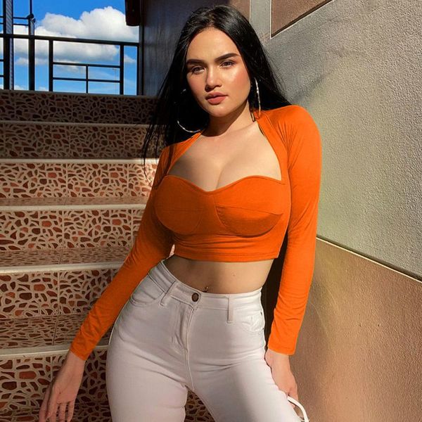 

women's t-shirt long sleeve solid square collar patchwork skinny tshirt crop autumn winter women fashion party club wear, White