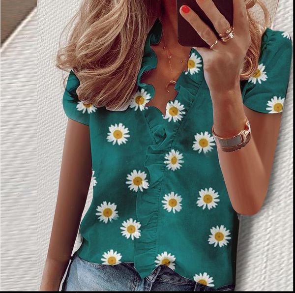 

short sleeve fashion ruffle womens shirt v neck and tunic, White