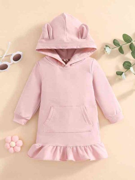 

baby kangaroo pocket 3d ear design ruffle hem hoodie dress she, Black